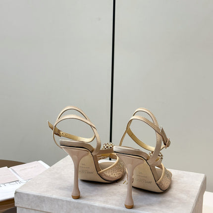 JIMMY CHOO 26S HEELED SANDALS 100 MM IN BEIGE CRYSTAL EMBELLISHMENT