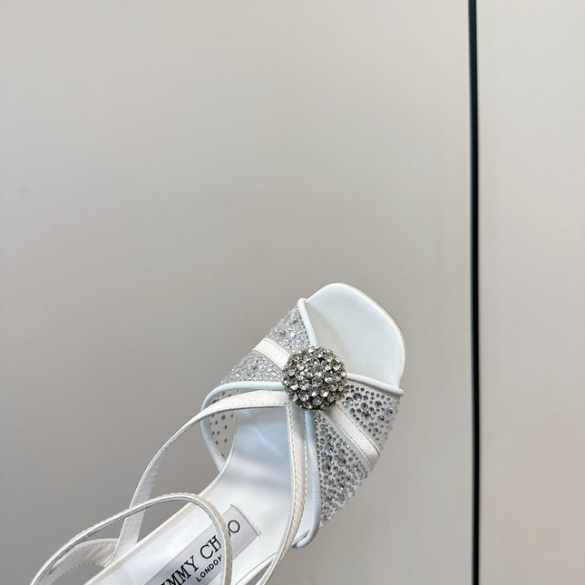 JIMMY CHOO 26S HEELED SANDALS 100 MM IN WHITE CRYSTAL EMBELLISHMENT