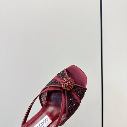 JIMMY CHOO 26S SACORA MULE 80 MM IN DARK RED CRYSTAL EMBELLISHMENT