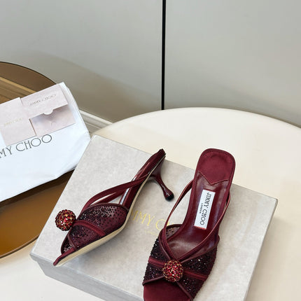 JIMMY CHOO 26S SACORA MULE 80 MM IN DARK RED CRYSTAL EMBELLISHMENT