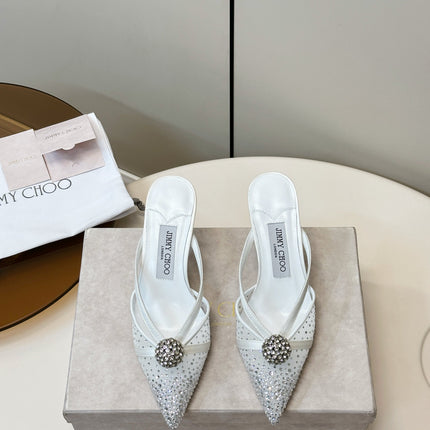 JIMMY CHOO 26S HEELED MULES 80 MM IN WHITE CRYSTAL EMBELLISHMENT