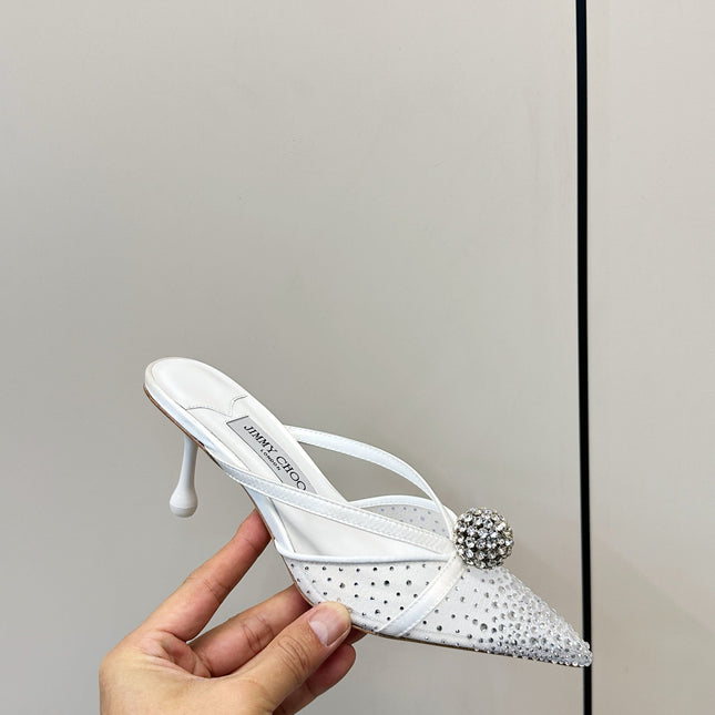 JIMMY CHOO 26S HEELED MULES 80 MM IN WHITE CRYSTAL EMBELLISHMENT