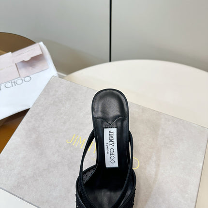 JIMMY CHOO 26S HEELED MULES 80 MM IN BLACK CRYSTAL EMBELLISHMENT