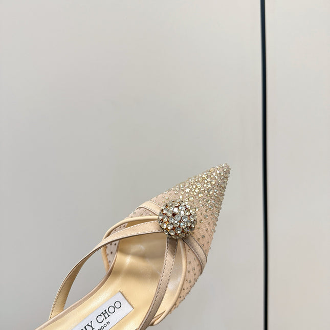 JIMMY CHOO 26S HEELED MULES 80 MM IN BEIGE CRYSTAL EMBELLISHMENT