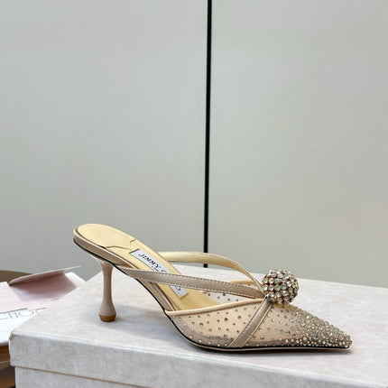 JIMMY CHOO 26S HEELED MULES 80 MM IN BEIGE CRYSTAL EMBELLISHMENT