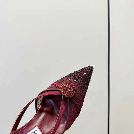 JIMMY CHOO 26S HEELED MULES 80 MM IN DARK RED CRYSTAL EMBELLISHMENT