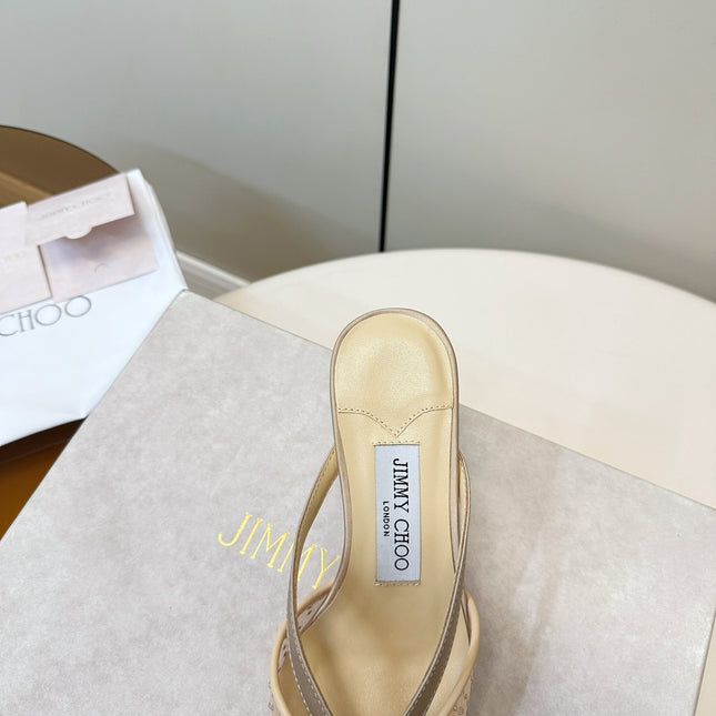 JIMMY CHOO 26S HEELED MULES 80 MM IN BEIGE CRYSTAL EMBELLISHMENT