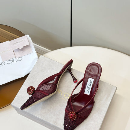 JIMMY CHOO 26S HEELED MULES 80 MM IN DARK RED CRYSTAL EMBELLISHMENT