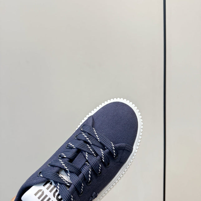 MIUMIU 26S SNEAKER MULES IN NAVY BLUE CANVAS