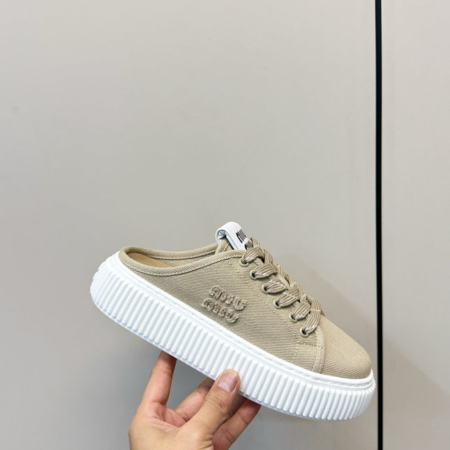 MIUMIU 26S SNEAKER MULES IN BEIGE CANVAS