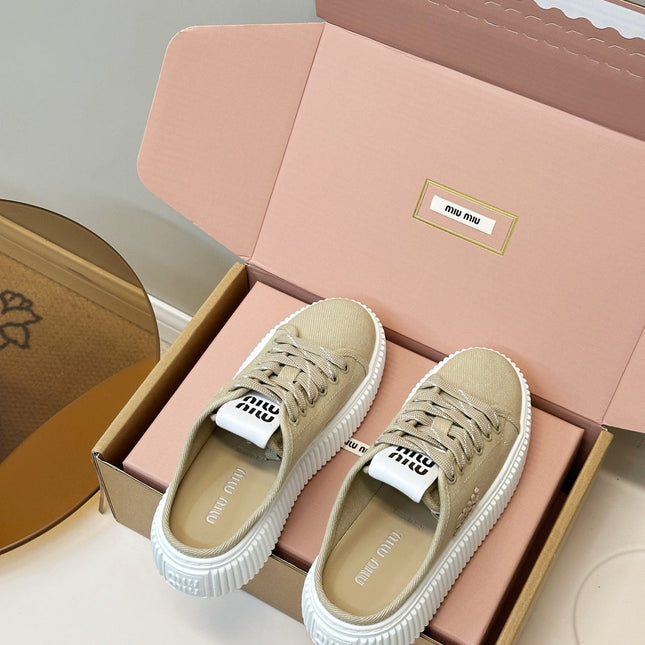 MIUMIU 26S SNEAKER MULES IN BEIGE CANVAS