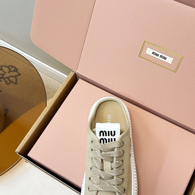 MIUMIU 26S SNEAKER MULES IN BEIGE CANVAS