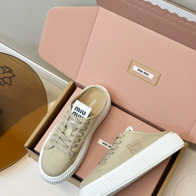 MIUMIU 26S SNEAKER MULES IN BEIGE CANVAS