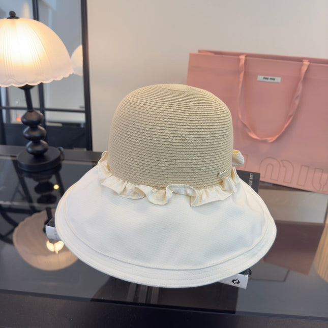 MIUMIU 26S STRAW HAT WITH RUFFLED FABRIC BRIM 340412