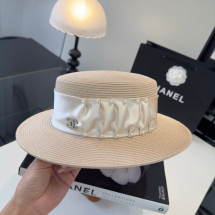 CHANEL 26S RIBBON-EMBELLISHED STRAW BOATER HAT 335893