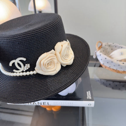 CHANEL 26S BOATER HAT FLORAL EMBELLISHMENT 338037