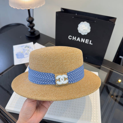 CHANEL 26S BOATER STRAW HAT WITH CRYSTAL-EMBELLISHED CC LOGO 338040