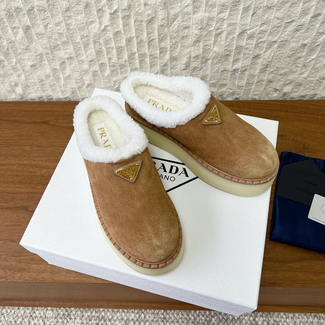 PRADA 25S PLATFORM FUR-LINED MULES IN BROWN SUEDE