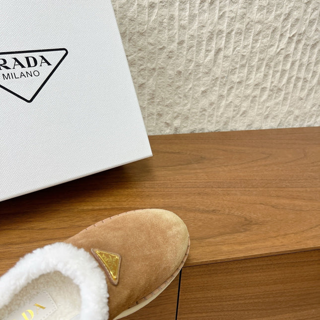 PRADA 25S PLATFORM FUR-LINED MULES IN BROWN SUEDE
