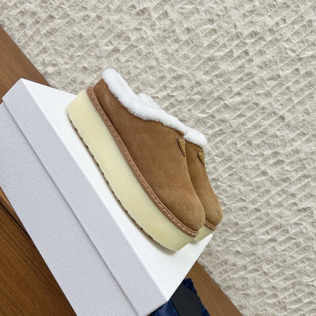PRADA 25S PLATFORM FUR-LINED MULES IN BROWN SUEDE