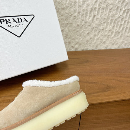 PRADA 25S PLATFORM FUR-LINED MULES IN WARM BEIGE SUEDE