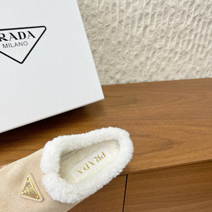PRADA 25S PLATFORM FUR-LINED MULES IN WARM BEIGE SUEDE