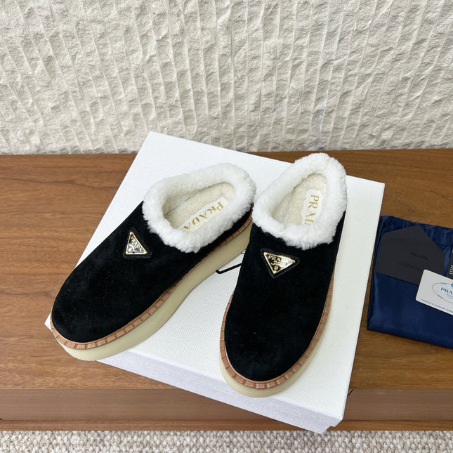 PRADA 25S PLATFORM FUR-LINED MULES IN BLACK SUEDE