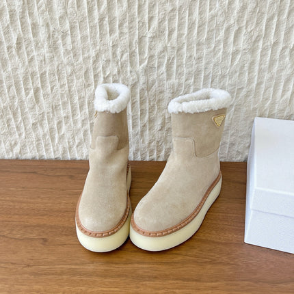 PRADA 25S ANKLE BOOTS 40 MM IN LIGHT BEIGE SUEDE SHEARLING-LINED