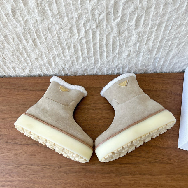 PRADA 25S ANKLE BOOTS 40 MM IN LIGHT BEIGE SUEDE SHEARLING-LINED