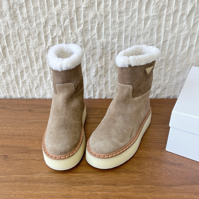 PRADA 25S ANKLE BOOTS 40 MM IN TAUPE BROWN SUEDE SHEARLING-LINED
