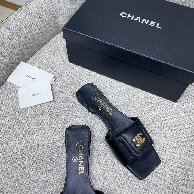 CHANEL 26S FLAT SLIDES IN BLACK LAMBSKIN
