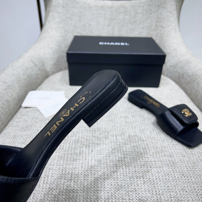 CHANEL 26S FLAT SLIDES IN BLACK LAMBSKIN