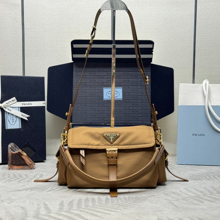 PRADA 25S EXPLORE LARGE SHOULDER BAG 30 IN CARAMEL RE-NYLON WITH FLAP