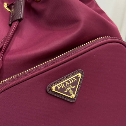 PRADA 25S DUET BUCKET BAG 23 IN BURGUNDY RE-NYLON GOLD HARDWARE