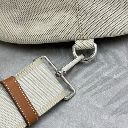 PRADA 25S DRAWSTRING BACKPACK 55 IN BEIGE CANVAS LINEN SILVER HARDWARE