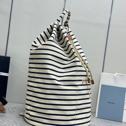 PRADA 25S DRAWSTRING BACKPACK 55 IN HORIZONTAL STRIPES CANVAS SILVER HARDWARE