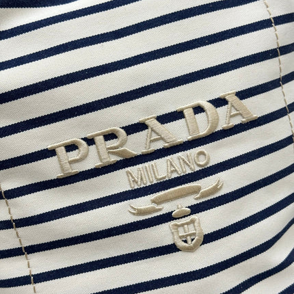 PRADA 25S DRAWSTRING BACKPACK 55 IN HORIZONTAL STRIPES CANVAS SILVER HARDWARE