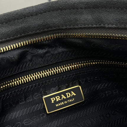 PRADA 25S BONNIE LARGE HANDBAG 38 IN DARK GRAY SUEDE GOLD HARDWARE
