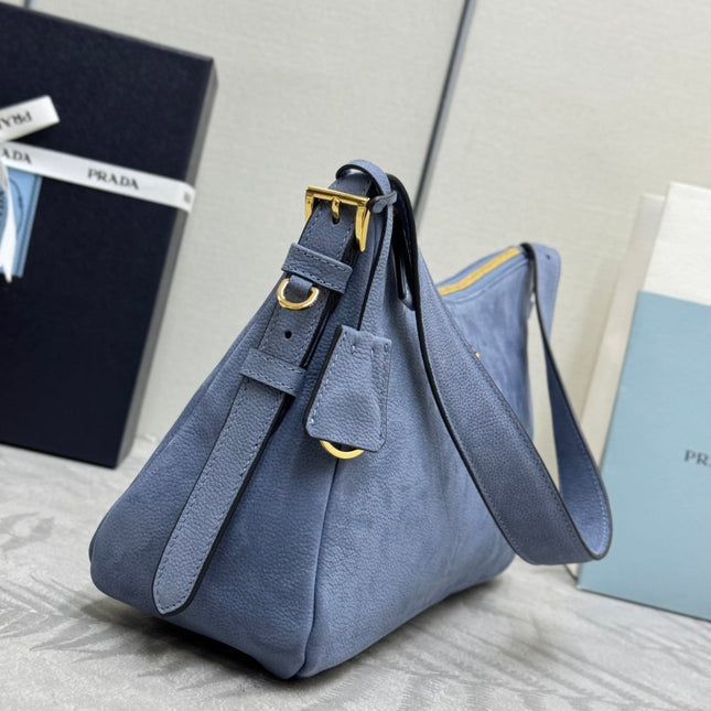 PRADA 26S SHOULDER BAG 36 IN DUSTY BLUE LEATHER