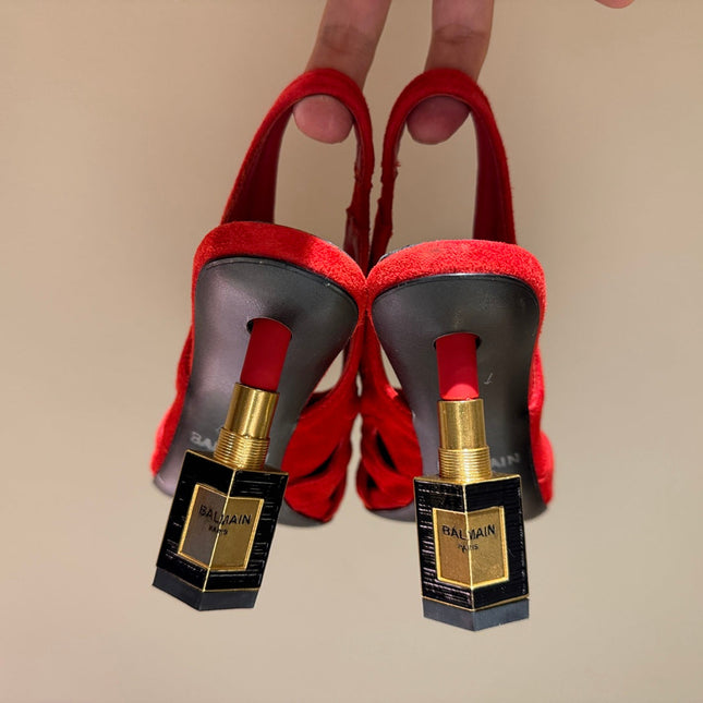 BALMAIN 26S SLINGBACK HEELS 100 MM IN RED SUEDE