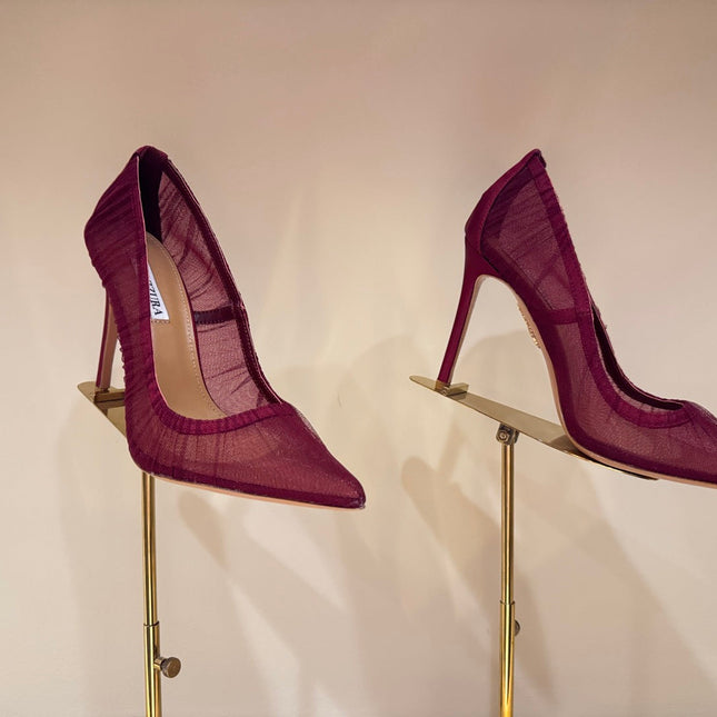 AQUAZZURA 26S HIGH HEELS 105 MM IN DARK RED LACE MESH AND SATIN