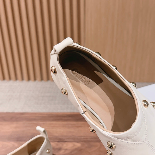 CHLOE 26S STUDDED LOAFERS IN CREAM WHITE CALFSKIN