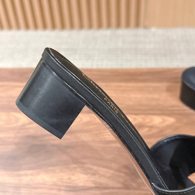 DIOR 26S LOW HEEL SLIDE SANDALS IN BLACK CALFSKIN PEARL GOLD BUCKLE