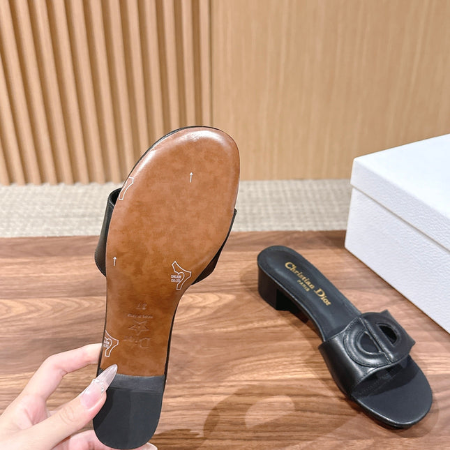 DIOR 26S LOW HEEL SLIDE SANDALS IN BLACK CALFSKIN PEARL GOLD BUCKLE
