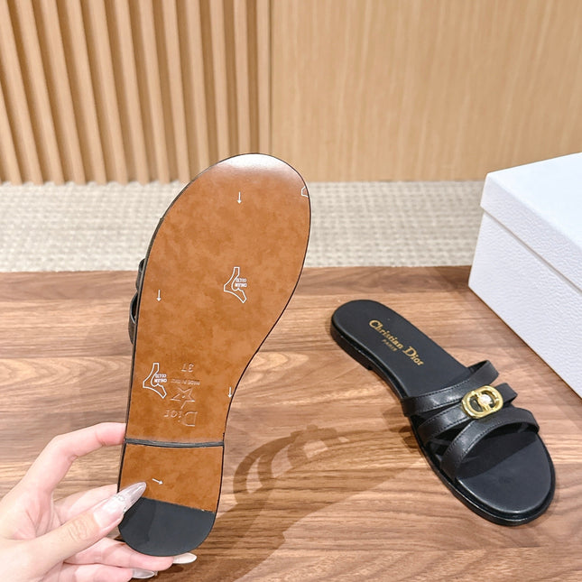 DIOR 26S MULTI STRAP SLIDE SANDALS IN BLACK CALFSKIN GOLD BUCKLE