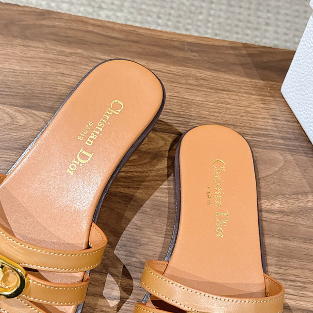 DIOR 26S MULTI STRAP SLIDE SANDALS IN CARAMEL BROWN CALFSKIN GOLD BUCKLE
