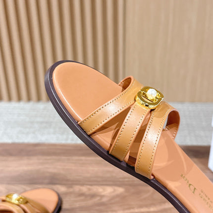 DIOR 26S MULTI STRAP SLIDE SANDALS IN CARAMEL BROWN CALFSKIN GOLD BUCKLE