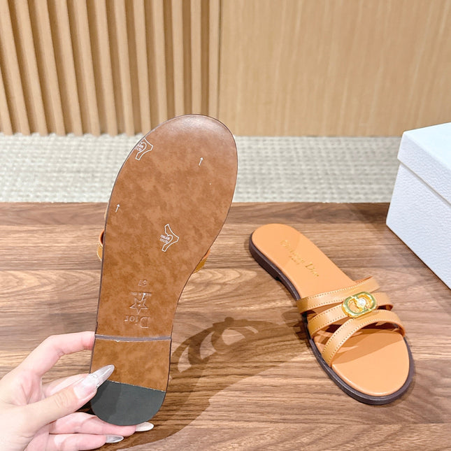 DIOR 26S MULTI STRAP SLIDE SANDALS IN CARAMEL BROWN CALFSKIN GOLD BUCKLE