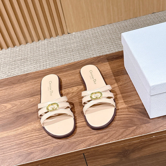 DIOR 26S MULTI STRAP SLIDE SANDALS IN BEIGE CALFSKIN GOLD BUCKLE