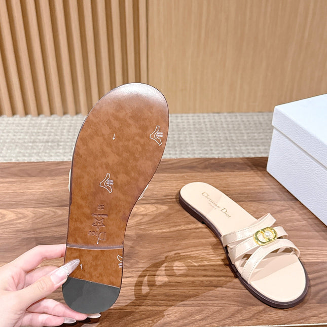 DIOR 26S MULTI STRAP SLIDE SANDALS IN BEIGE CALFSKIN GOLD BUCKLE